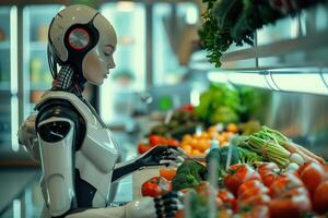 un' robot è shopping per verdure nel un' drogheria memorizzare foto