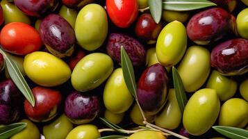 un' vicino su di olive con le foglie foto