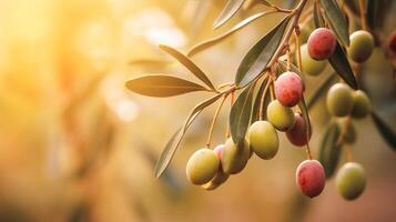 olive su un' albero ramo con luce del sole foto