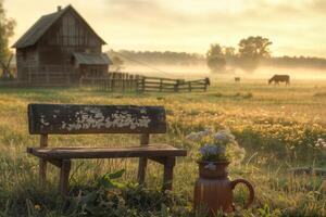 tranquillo, calmo mattina con un' Alba al di sopra di un' pastorale azienda agricola, con un' panchina e fiori foto