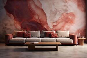 contemporaneo vivente spazio con un' lussuoso divano impostato contro un' marmo strutturato parete foto