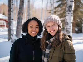 contento caucasico e afroamericano ragazze Guarda a il telecamera e Sorridi nel il inverno parco. bellissimo alberi siamo coperto con bianca neve foto
