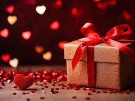 San Valentino giorno regalo, un' scatola con un' arco e cuori avvicinamento. 14 febbraio concetto foto