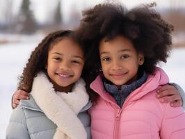 Due contento afroamericano ragazze Guarda a il telecamera e Sorridi nel il inverno parco foto