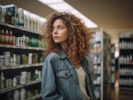 donna confrontando prodotti nel un' supermercato foto