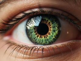 avvicinamento di un occhio con verde e giallo iris, dettagliato struttura visibile foto