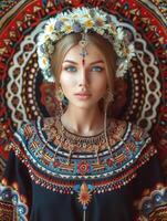 donna nel etnico abbigliamento con un' vivace fiore corona e dettagliato ricamo foto