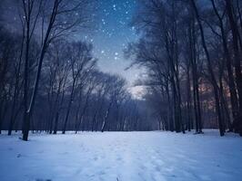 fiaba foresta coperto con neve nel il chiaro di luna. inverno paesaggio. nuovo anno concetto foto