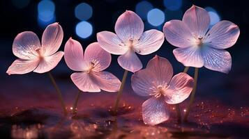 rosa acquatico fiori scintillante con acqua gocce sotto notte luci foto