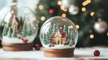Casa e abete rosso foresta nel un' bicchiere sfera, Natale concetto foto