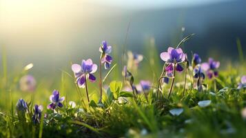 selvaggio viola violette fioritura nel illuminata dal sole verde erba a alba foto