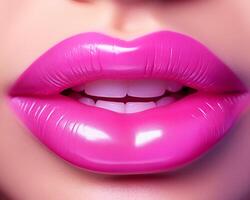 avvicinamento di vivace rosa labbra con un' lucido lucentezza foto
