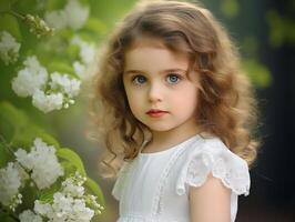 carino bambino piccolo ragazza con fiori avvicinamento. primavera o estate concetto foto