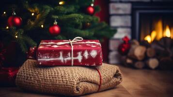 Natale i regali avvicinamento su il sfondo di un' accogliente interno con un' Natale albero foto
