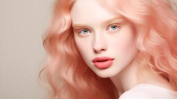 ritratto di albino donna con rosa capelli e giusto pelle, morbido leggero ambientazione, cosmetico annuncio pubblicitario foto