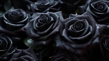 elegante nero Rose con acqua goccioline nel un' morbido, buio ambientazione foto