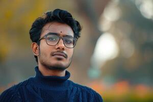 giovane indiano uomo nel buio blu maglione. foto