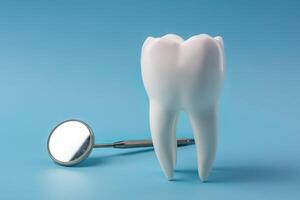 dentale cura concetto con bianca denti modello e specchio. foto