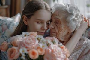 affettuoso figlia nipote celebra nonne compleanno con fiori. foto