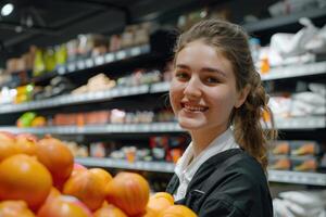 femmina apprendista nel un' supermercato. donna Lavorando nel un' drogheria memorizzare sorridente a telecamera. foto