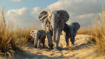 un intimo intravedere in il vita di un elefante mandria esplorando e giocando nel il deserto natura selvaggia foto