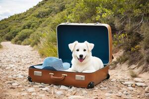 un' curioso cane arroccato su un Aperto valigia, pronto per avventura durante un' vacanza scappa. foto