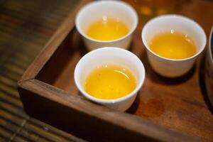 vicino su tazza di Cinese tè e teiera servire su di legno vassoio foto
