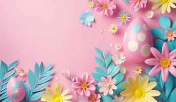 carta tagliare illustrazione di colorato carta arte Pasqua coniglio, erba, fiori e uovo forma foto