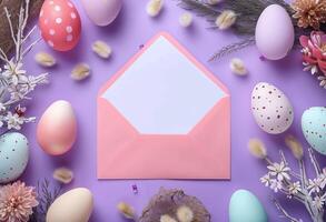 superiore Visualizza illustrazione di rosa Busta con carta foglio colorato Pasqua uova foto