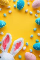 Pasqua giorno saluto. superiore Visualizza verticale foto di colorato Pasqua uova e Pasqua coniglietto orecchie