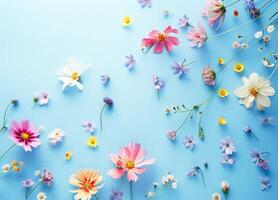 assortito primavera fiori artisticamente sparpagliato su un' morbido blu sfondo foto