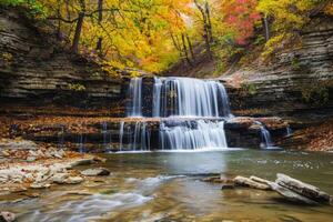 tranquillo autunno cascata a cascata attraverso un' foreste la zona a crepuscolo foto