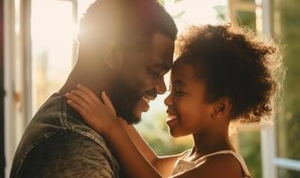 gioioso africano americano papà e figlia condivisione un' tenero momento nel illuminata dal sole camera foto