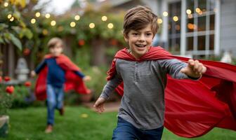 Giardino dietro la casa avventure - gioioso bambini giocando supereroi foto