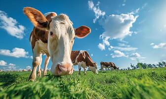 pastorale beatitudine - duo di Holstein mucche pascolo nel verdeggiante prato foto