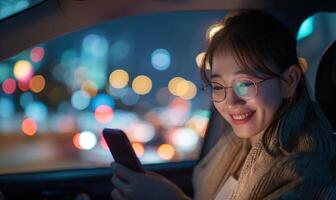 urbano ore notturne guidare - sorridente donna utilizzando smartphone nel auto foto