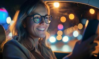 urbano ore notturne guidare - sorridente donna utilizzando smartphone nel auto foto
