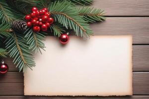 allegro Natale e contento nuovo anno saluto carta design con abete rosso rami e decorazioni con copia spazio. di stagione vacanze striscione. foto