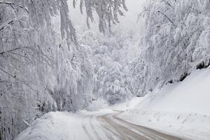 guida nel il inverno su ghiacciato strade durante inverno. attento guida nel inverno condizioni. congelato e scivoloso strade. precauzioni mentre guida. ruvido tempo atmosferico. foto