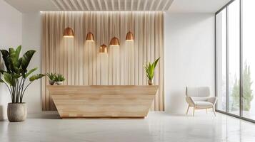 sofisticato moderno ricezione la zona con di legno scrivania e ambientale illuminazione nel luminosa e arioso commerciale interno foto