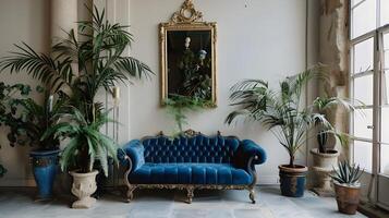 opulento Vintage ▾ vivente camera con lussureggiante tropicale fogliame Accenti e ornato arredamento foto