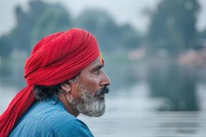 ritratto di indiano uomo indossare rosso turbante su sponde del lago foto