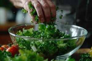 uomo miscelazione insalata con lattuga e prezzemolo nel ciotola foto