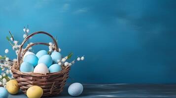 un' cestino di colorato uova con copyspace su un' blu sfondo. Pasqua uovo concetto, primavera vacanza foto