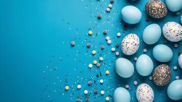 colorato uova con copyspace su blu sfondo. Pasqua uovo concetto, primavera vacanza foto