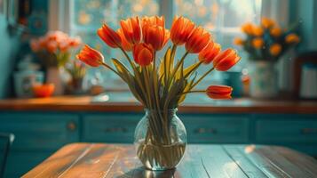 vaso pieno con rosso fiori su tavolo foto