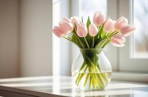 fresco primavera fiori rosso e giallo tulipani mazzo nel bicchiere vaso su tavolo moderno leggero interno madri giorno san valentino foto