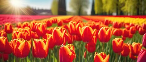 rosso tulipani fioritura fiori campo soleggiato giorno gark azienda agricola giardino Olanda campagna paesaggio orizzonte foto