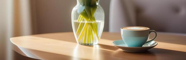 luce del sole mattina prima colazione tazza boccale di caffè cappuccino con bicchiere vaso fiori su di legno tavolo leggero comtemporary interno foto