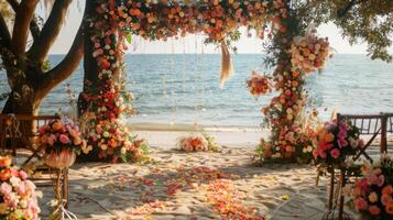 il fondale per un aria aperta nozze su il spiaggia pieno con bellissimo floreale decorazioni e ornamenti ai creare foto